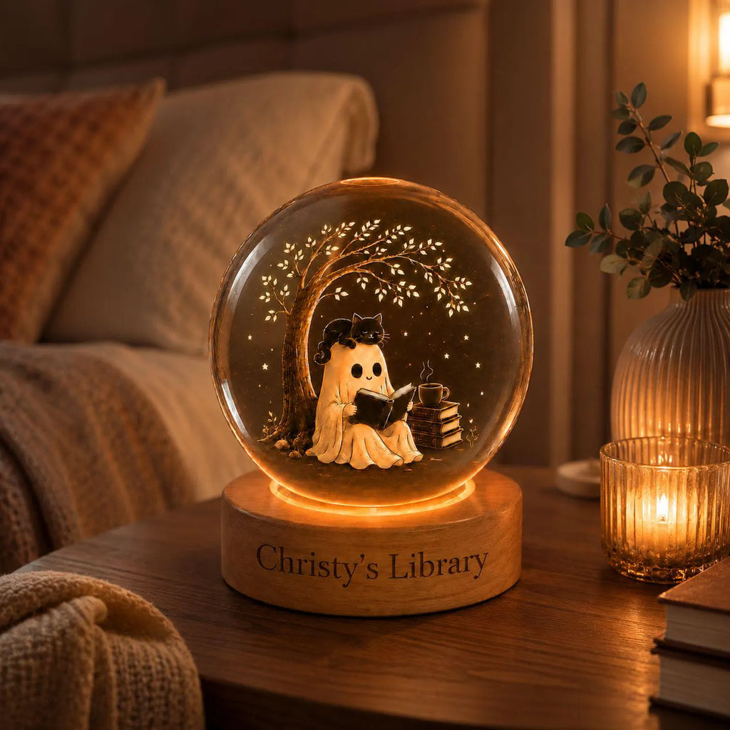 Halloween Ghost Crystal Ball LED Night Light, Cozy Reading Spirit Glass Sphere Lamp, Spooky Book Lover Decor Gift. LEDPETAL1