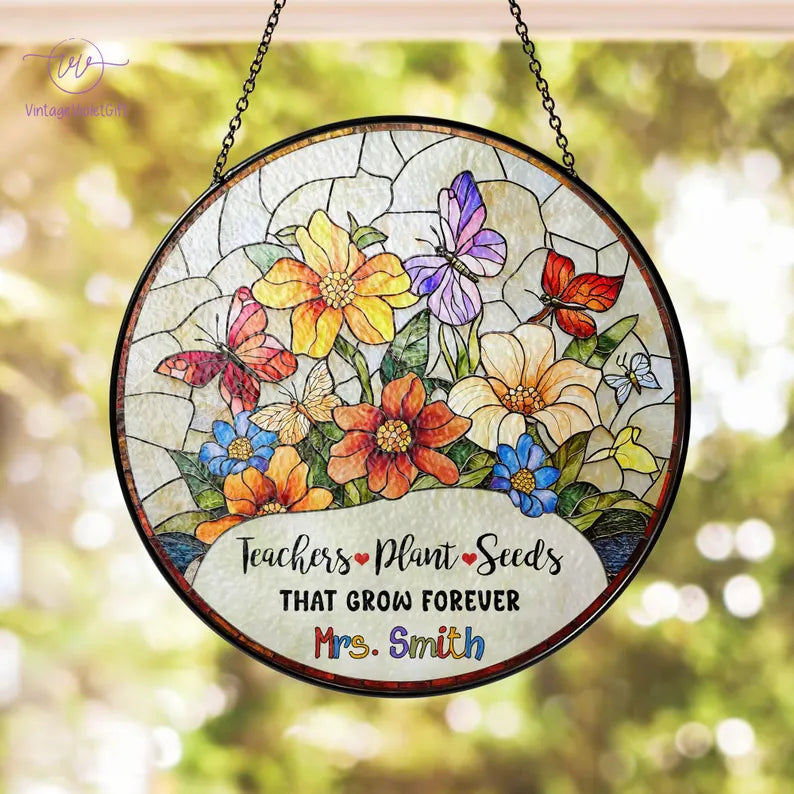 Personalized Teacher Stained Glass Suncatcher, Teacher Appreciation Gift, Back To School Gift, Teacher Gift, Windown Hanging Classroom Decor. SUNPETAL19
