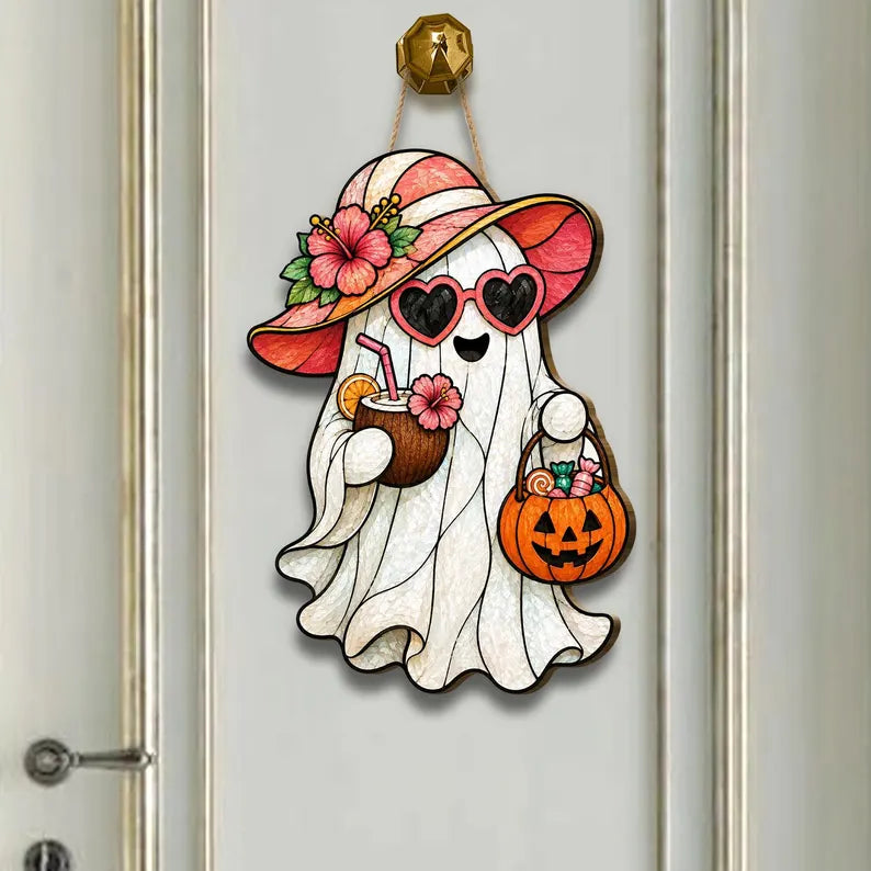 Ghost Welcome Door Hanger, Cute Halloween Ghost Sign, Wooden Halloween Door Sign. Floral Ghost Door Hanger, Wooden Halloween Porch Decor. HLWDHPETAL03