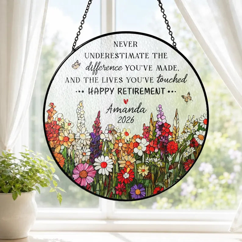 Retirement Stained Glass Suncatcher, Personalized Floral Retirement Window Decor, Colleague Retirement Keepsake, Coworker Gift, Grandma Gift. SUNPETAL18