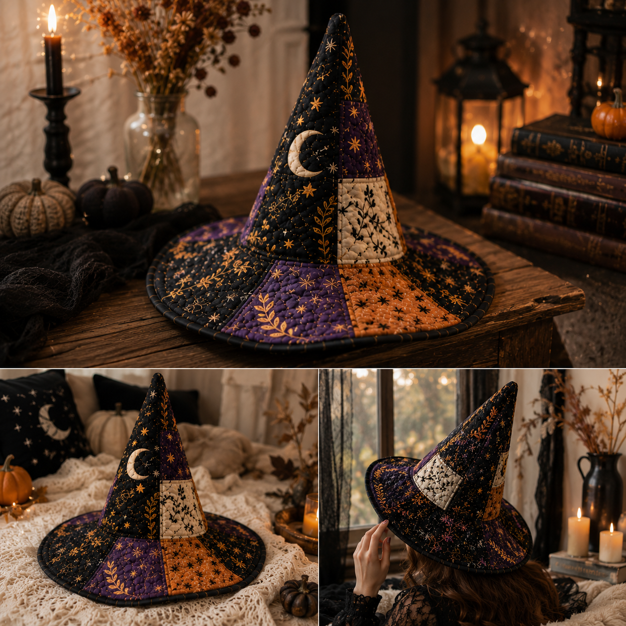 Halloween Patchwork Quilted Witch Hat – Purple Black Soft Padded Witch Costume Hat for Women. QWHPETAL5