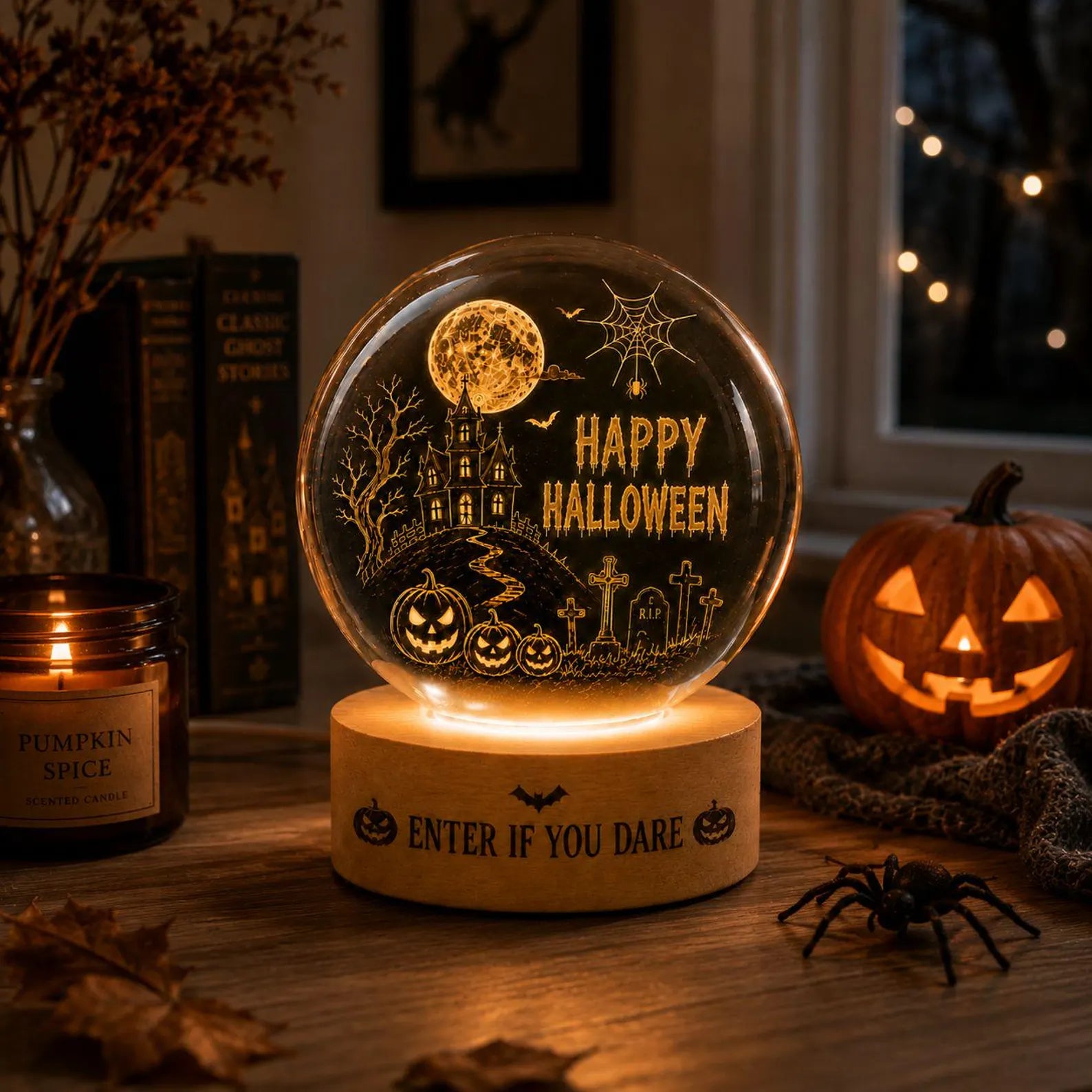 Halloween Crystal Ball LED Night Light, Spooky Haunted House Moon Scene Glass Sphere Lamp, Gothic Autumn Decor Gift. LEDPETAL9