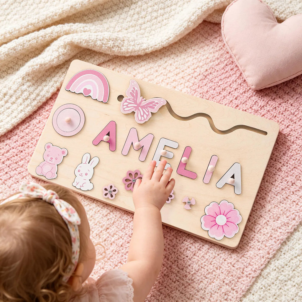 Custom Baby Girl Name Puzzle, Wooden Montessori Toys, Christmas Gifts for Toddlers, 1 year old gifts, Personalized 1st Girl birthday gifts. NPPETAL19