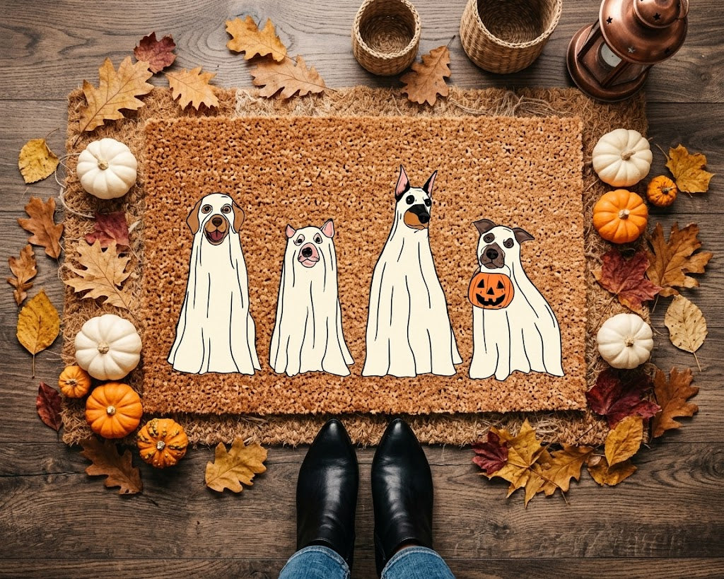 Ghost Dog Doormat, Funny Halloween Dog Doormat, Spooky Pet Welcome Mat, Dog Lover Gift, Halloween Decor, Coir Door Mat. DMPETAL6