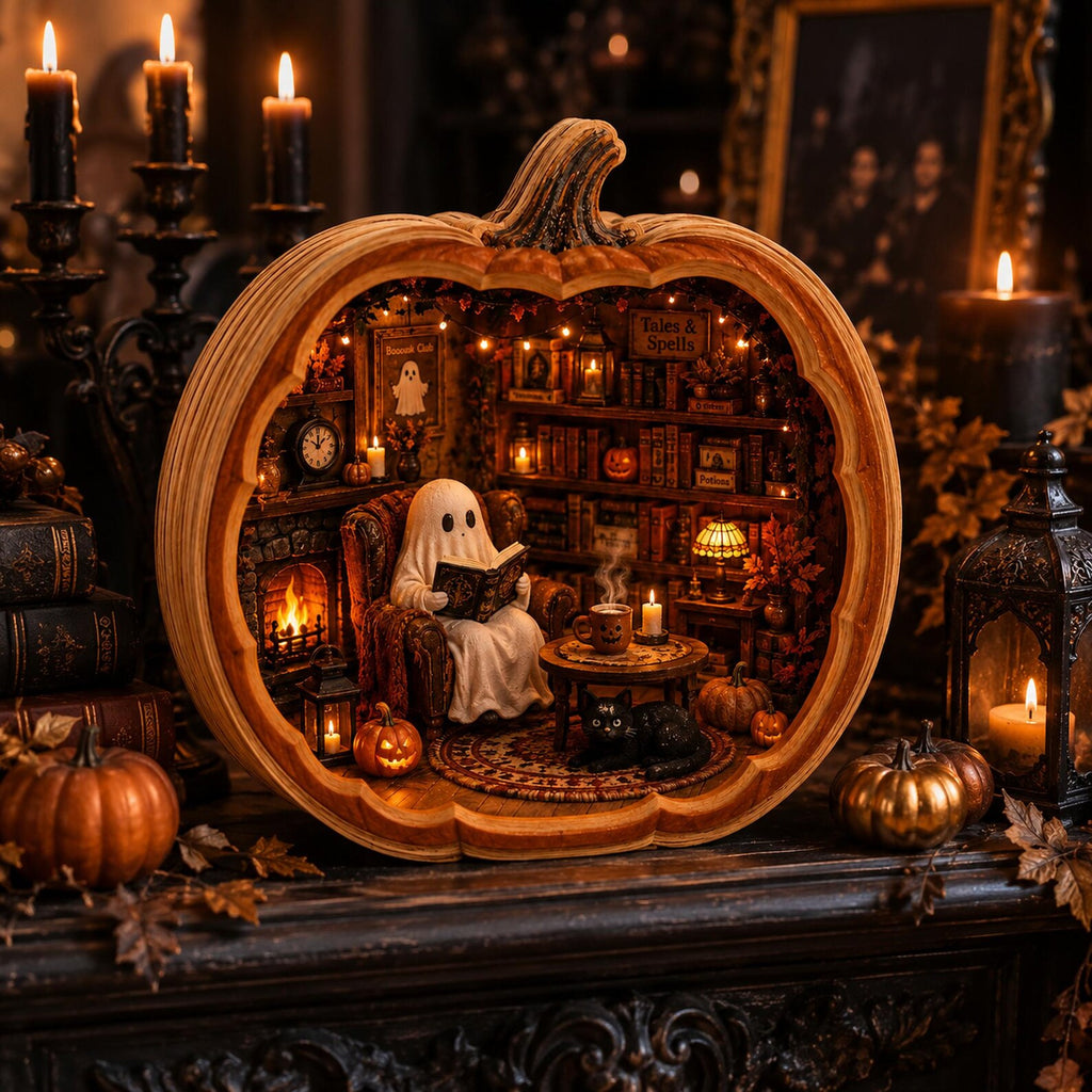 Halloween Wooden Block Village, Spooky Ghost Pumpkin Shelf Sitter, Fall Decor. WBPETAL19