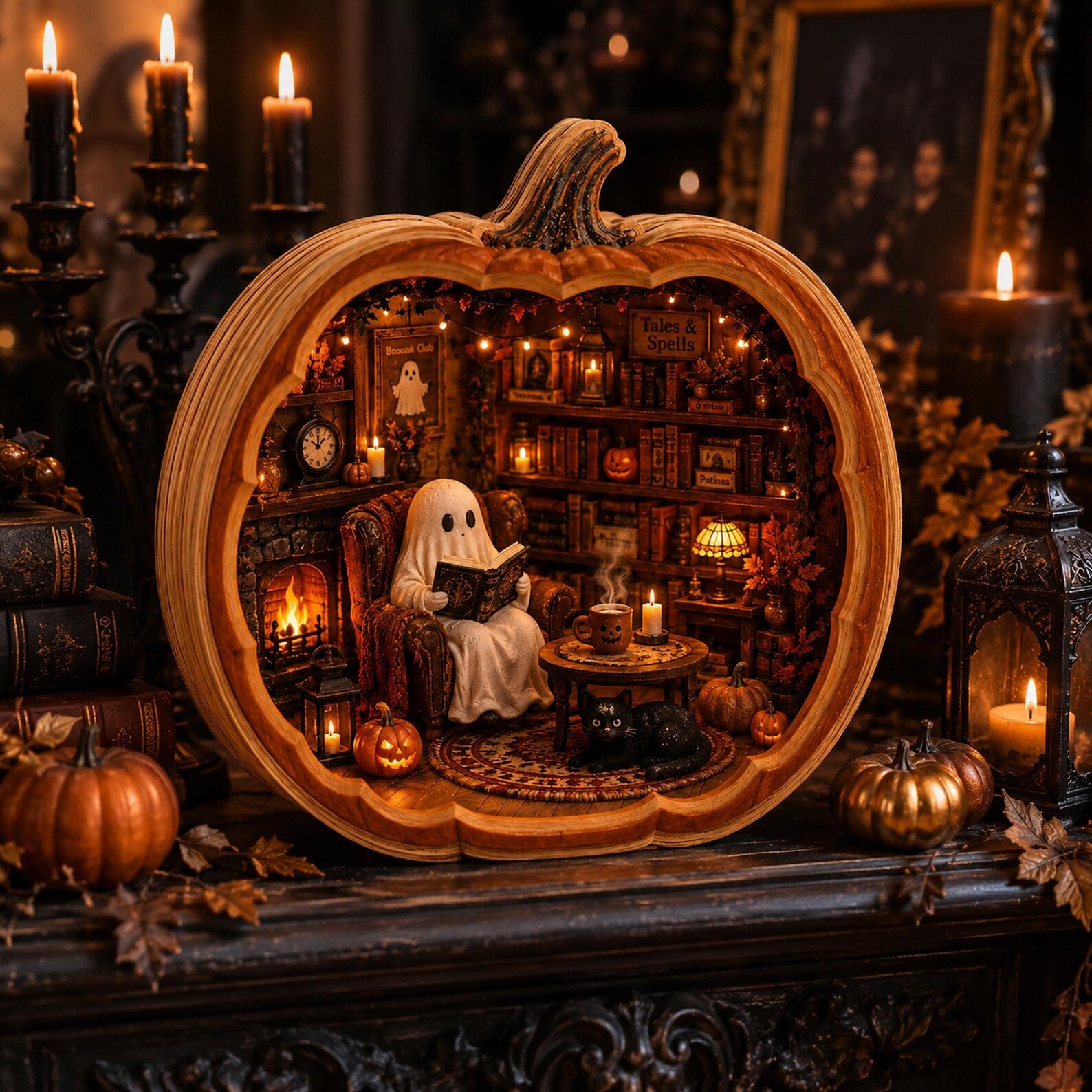 Halloween Wooden Block Village, Spooky Ghost Pumpkin Shelf Sitter, Fall Decor. WBPETAL19