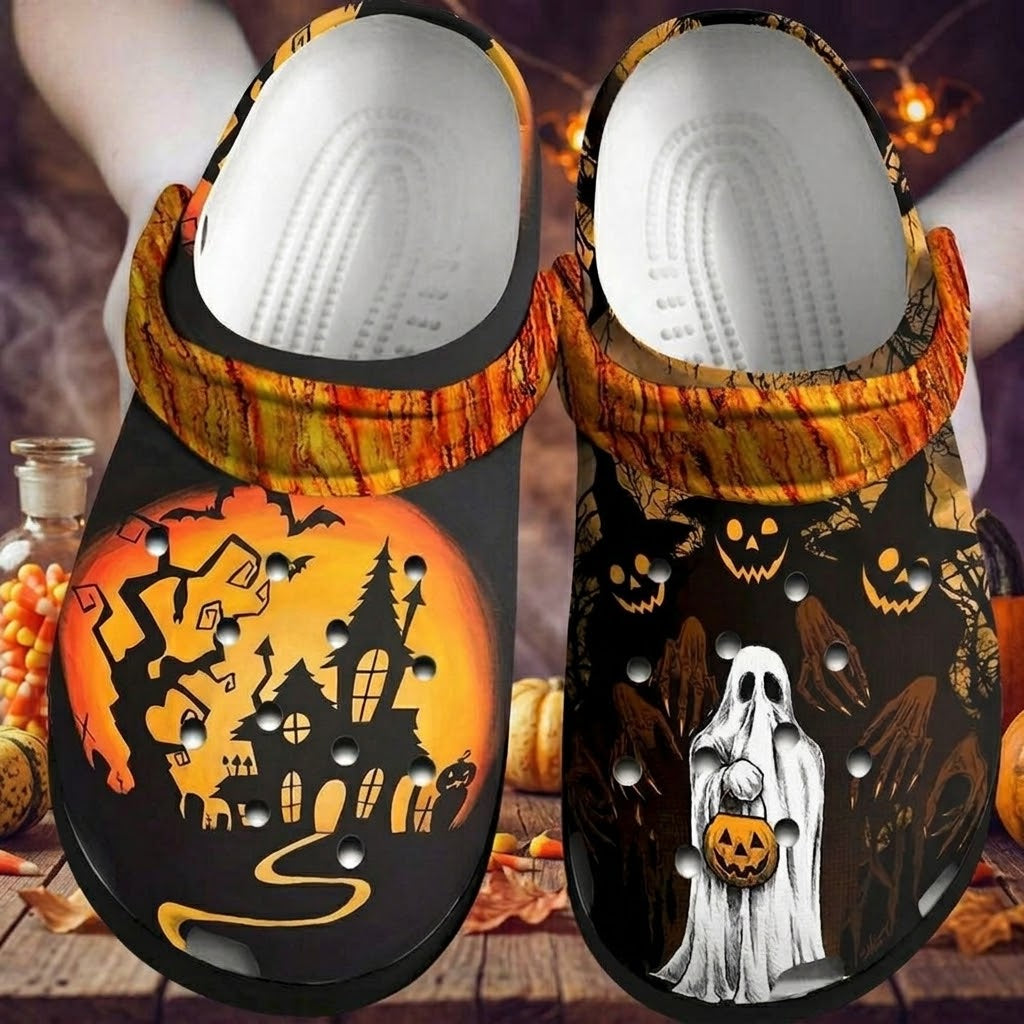Halloween Haunted House Ghost Clogs – Spooky Black Orange Fall Shoes. Happy Halloween Ghost Pumpkin. CLPETAL02