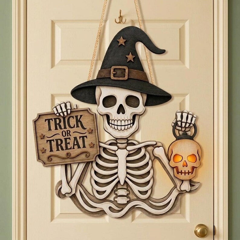 Skeleton Welcome Wooden Door Hanger, Trick or Treat Halloween 2D Flat Sign, Witch Hat Decor, Wooden Halloween Door Sign, Halloween Gift. HLWDHPETAL06