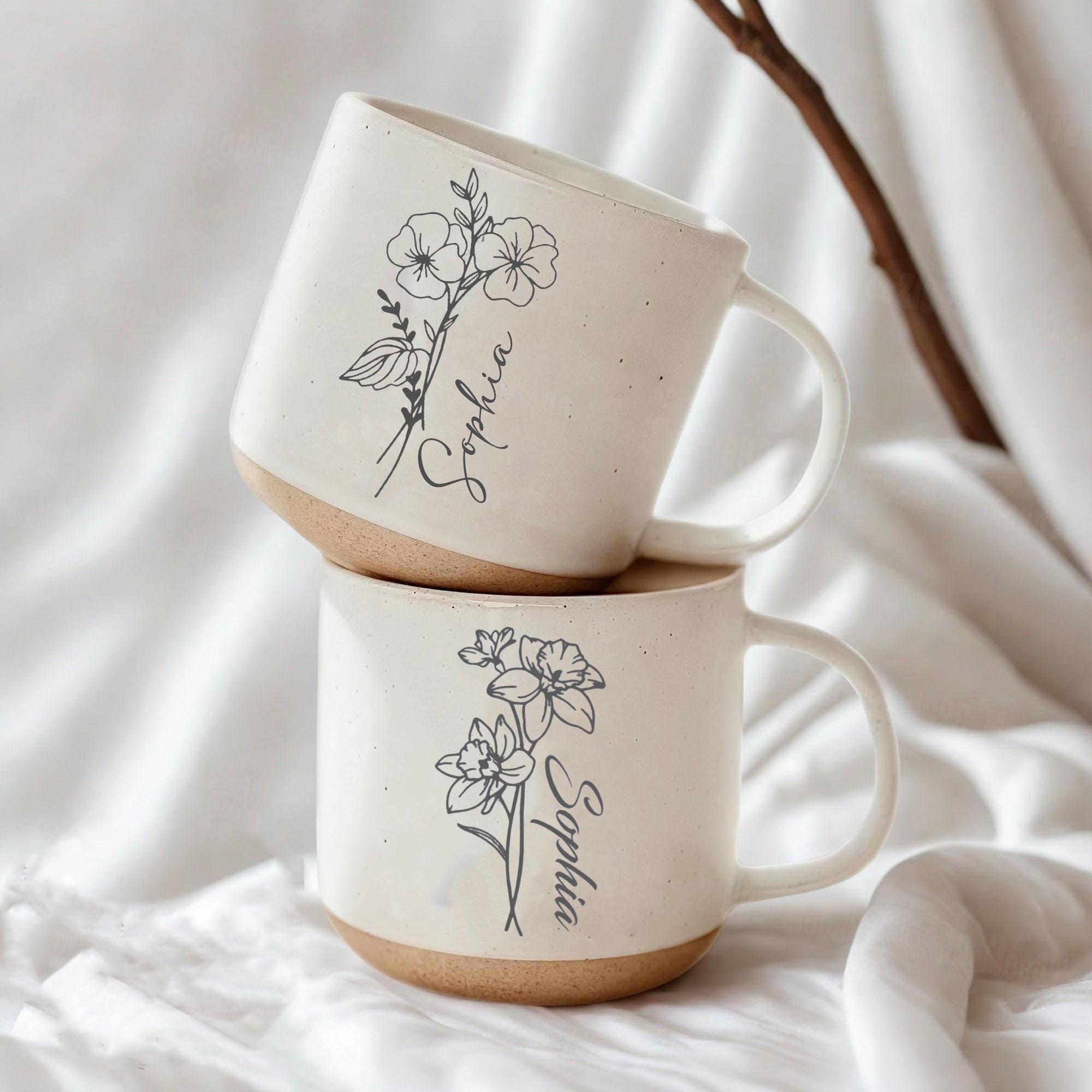 Personalized Birth Flower Engraved Pottery Mug, Custom Ceramic Coffee Cup with Name, Unique Gift, Handmade Drinkware