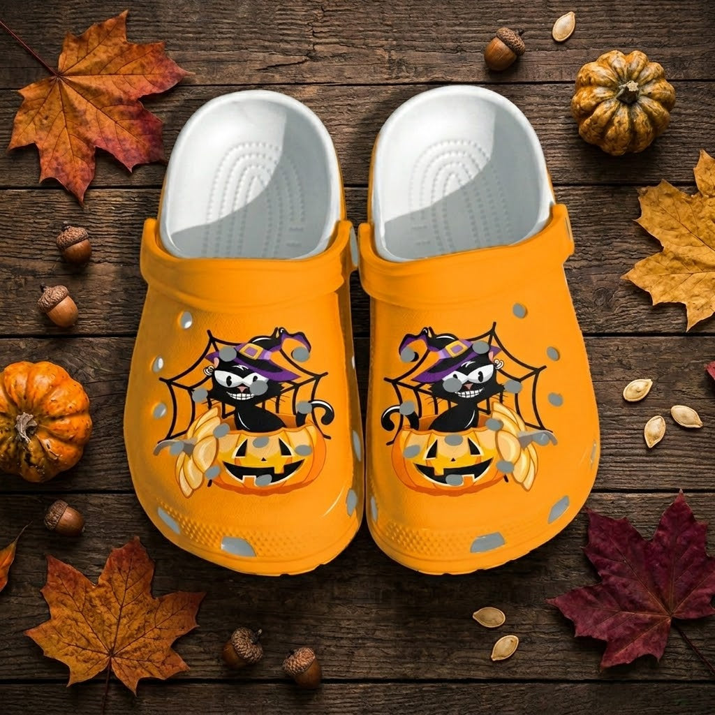 Halloween Black Cat Pumpkin Clogs – Orange Spooky Slip-On Shoes with Witch Hat & Spider Web Design, Cute Fall Halloween Gift for Women, Men & Kids. CLPETAL15