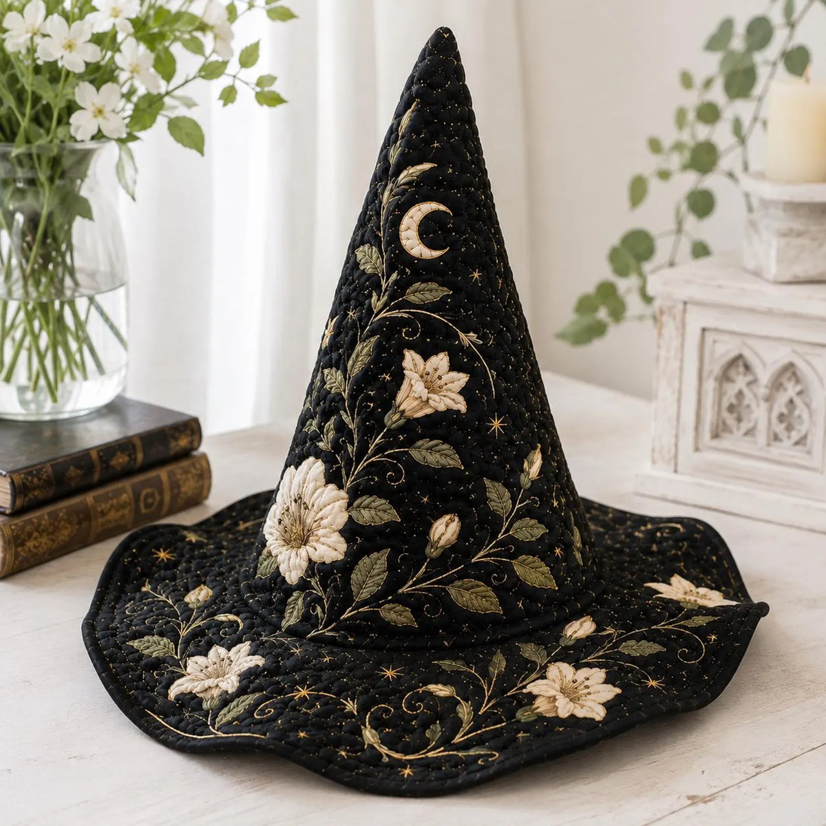 Quilted Witch Hat, Black Floral Moon Witch Hat, Elegant Celestial Halloween Decor, Gothic Cottagecore Costume Hat. QWHPETAL16