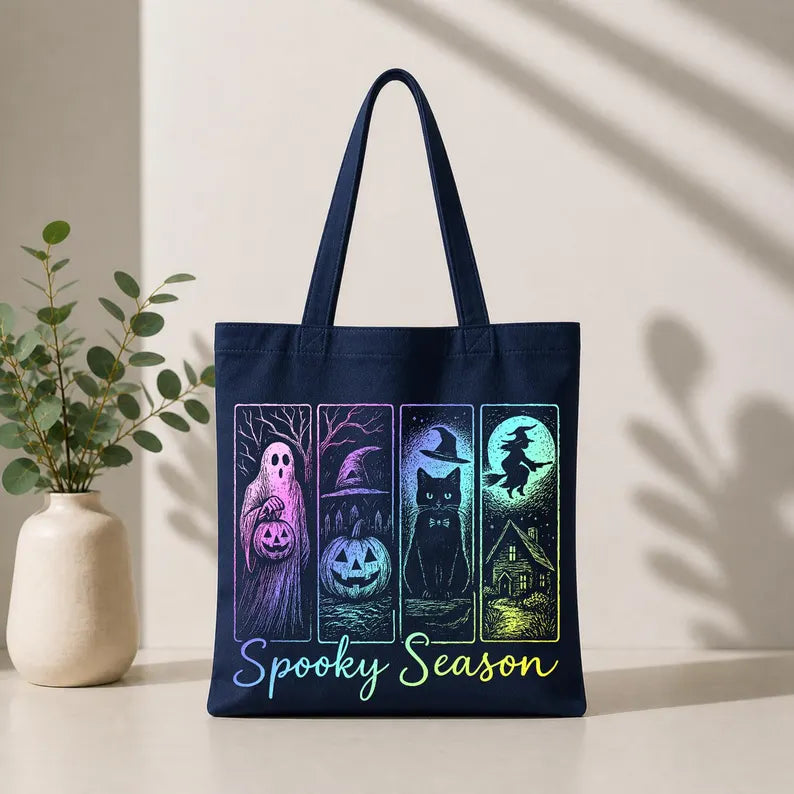 Spooky Season Tote Bag & Gift Sack, Ghost Pumpkin Cat Witch Bag, Halloween Trick or Treat Bag, Retro Fall Market Tote, Spooky Gift Bag. HLWTBPETAL10
