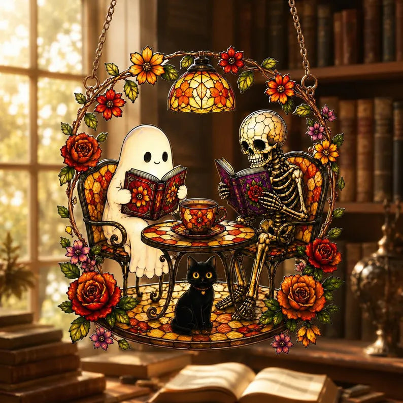 Ghost and Skeleton Reading Book Acrylic Suncatcher, Black Cat in Teacup, Books Lover. HSPETAL14