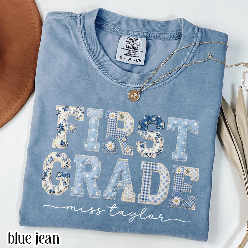 Comfort Colors® First Grade Teacher Shirt 1st Grade Matching Group T-Shirt Floral Blue Faux Patchwork Educator Back to School Team Tee. SPETAL18