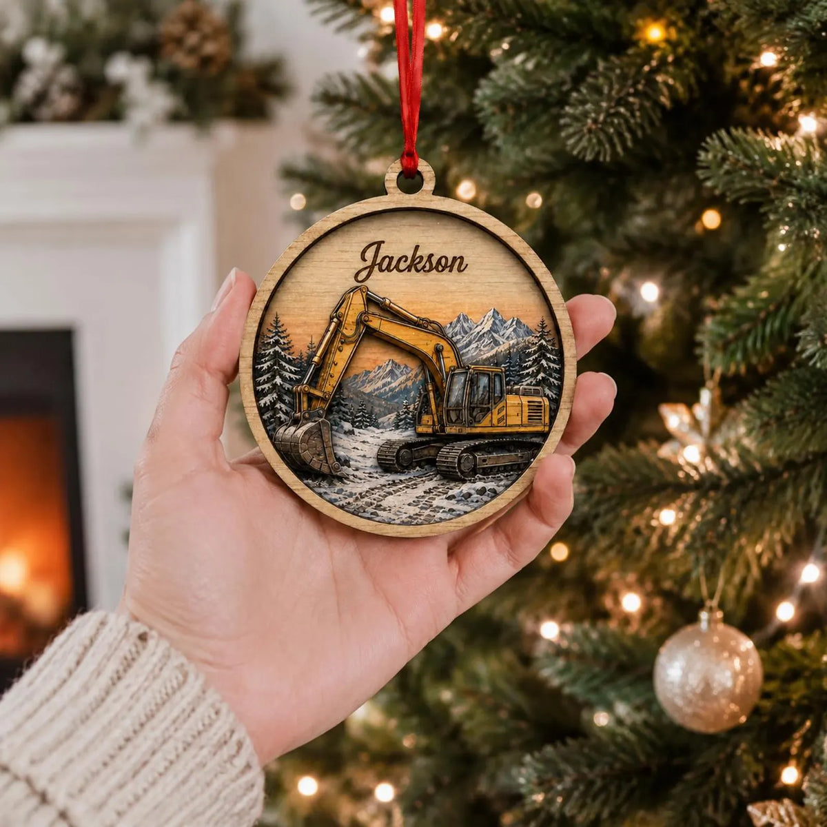 Personalized Excavator Wooden Ornament, Custom Name Construction Christmas Ornament, Digger Ornament, Heavy Equipment Gift for Boys	COPETAL10