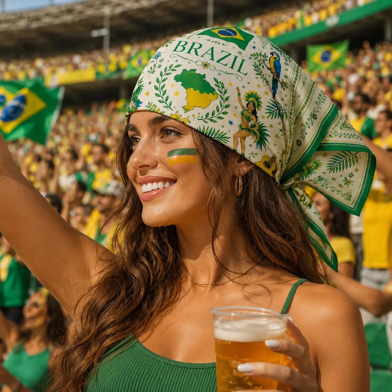 Brazil Satin Head Scarf, Football Fan Hair Scarf for Game Day, Brazil Flag Silk Bandana, Tropical Women Scarf Gift. SSPETAL16