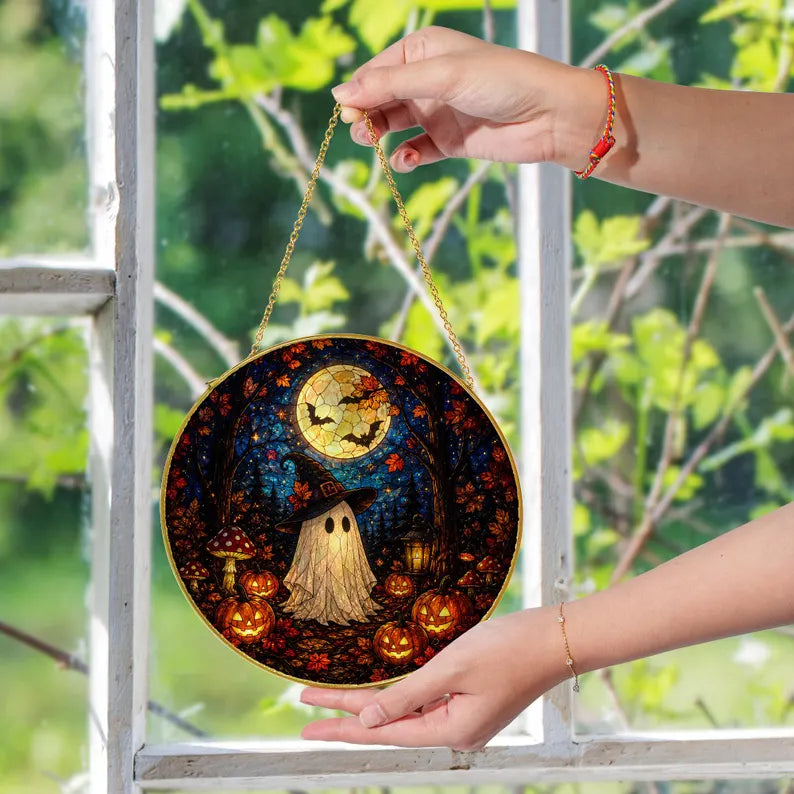 Halloween Ghost Pumpkin Stained Glass Window Suncatcher, Cute Spooky Hanging Decor, Fall Home Ornament Art Piece - Golden Frame. HSPETAL15