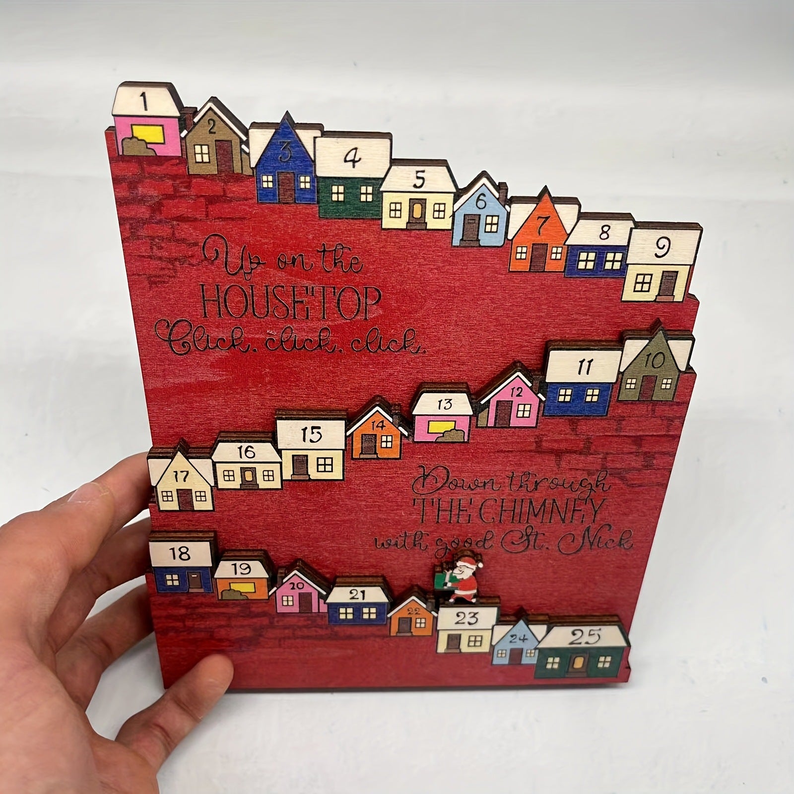 Wooden Christmas Rooftop Advent Calendar, 25-Day Santa Holiday Countdown with Colorful Houses – ACPETAL06
