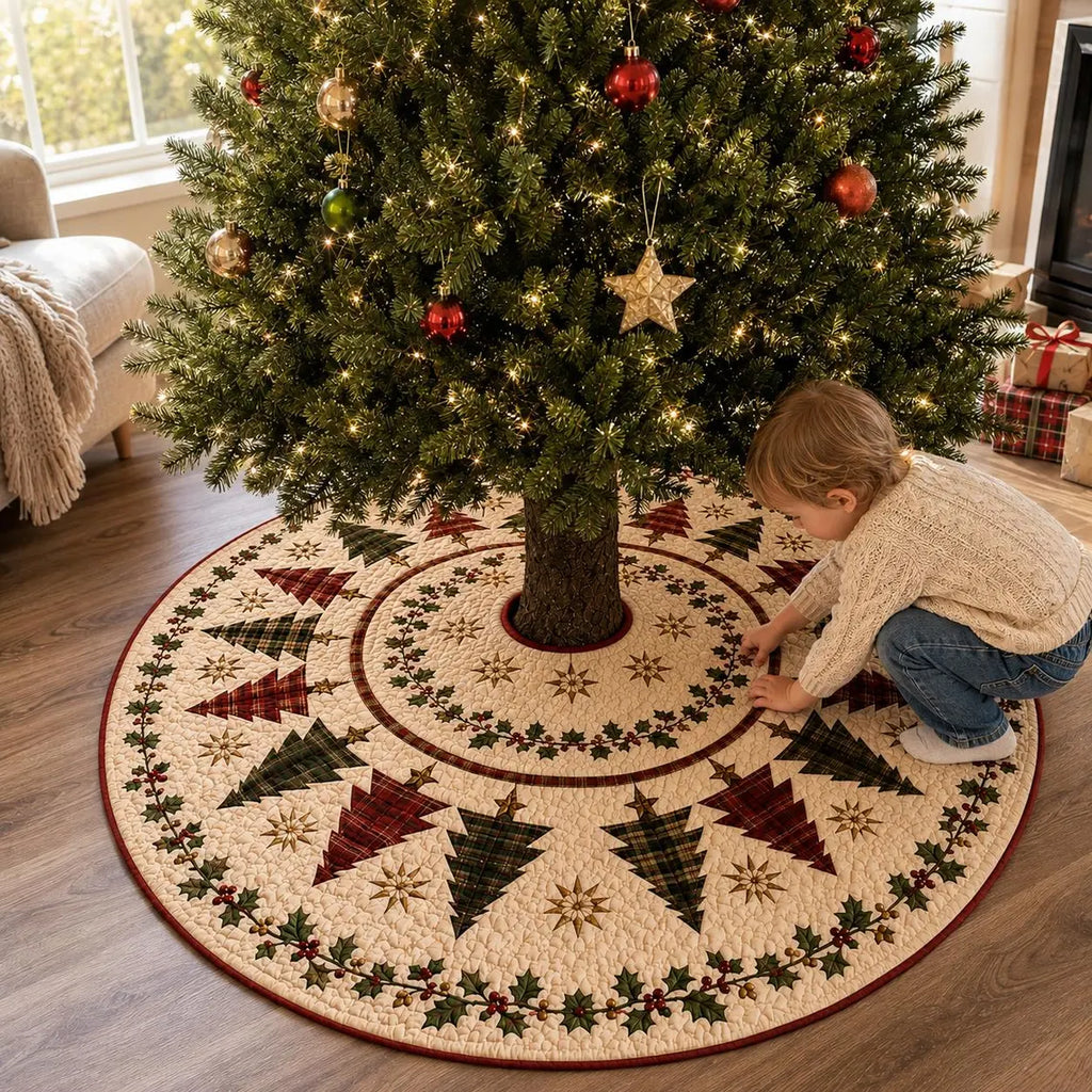 Christmas Tree Skirt, Quilt Style Plaid Christmas Tree Pattern, Holly Berry Holiday Tree Mat, Rustic Farmhouse Red Green Xmas Decor. CTSPETAL10