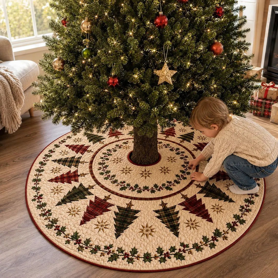 Christmas Tree Skirt, Quilt Style Plaid Christmas Tree Pattern, Holly Berry Holiday Tree Mat, Rustic Farmhouse Red Green Xmas Decor. CTSPETAL10