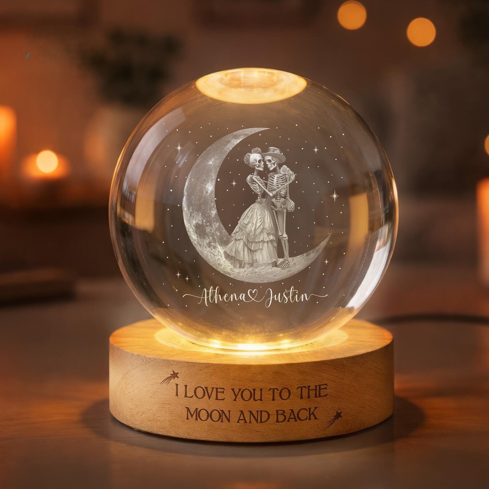 Custom Skeleton Couple Crystal Ball Night Light, Anniversary Gift, Engagement Gifts, Wedding Gift For Couples Gift, Wedding Anniversary Gift. LEDPETAL15