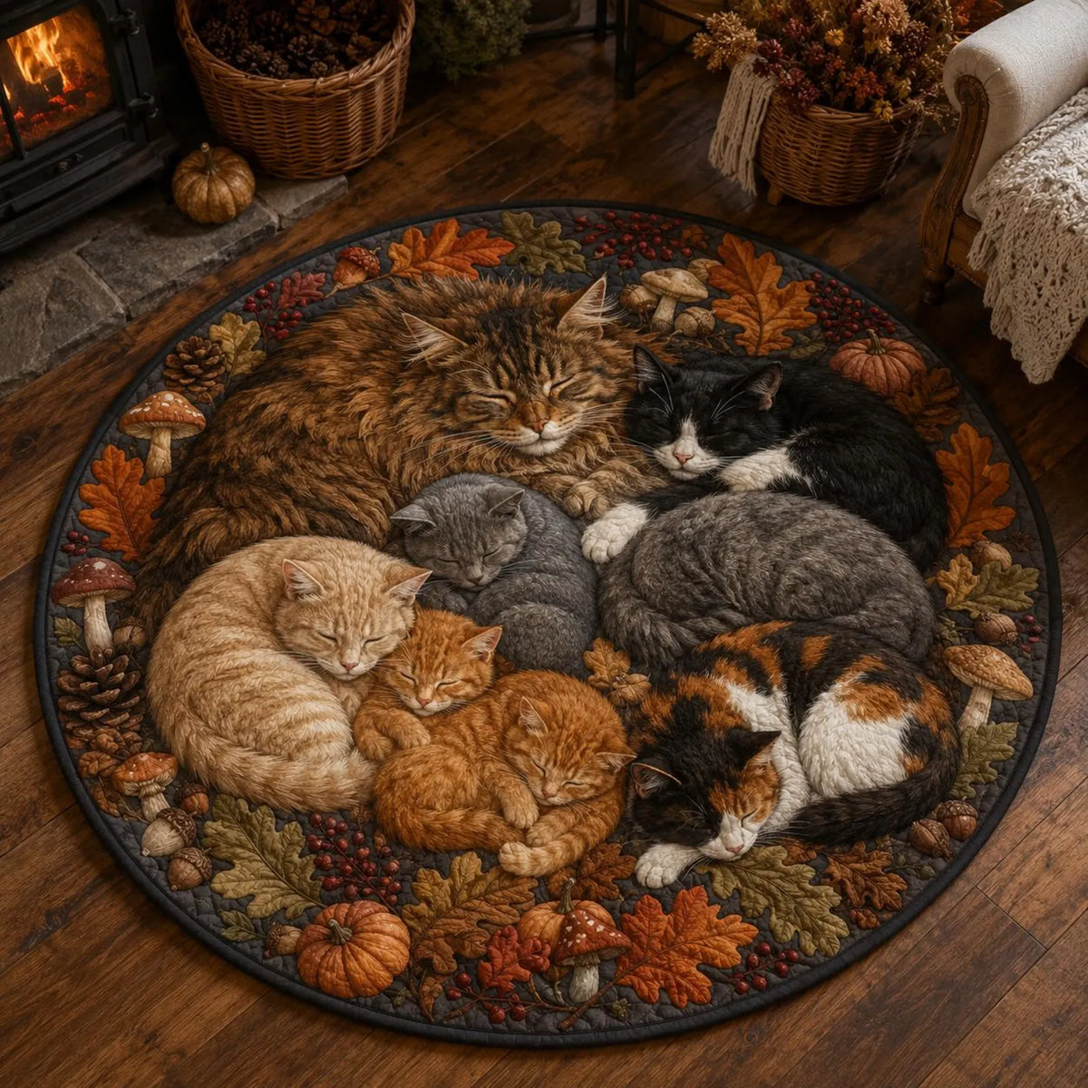 Sleeping Cats Round Rug, Cozy Fall Kitten Area Rug Decor. QRPETAL21