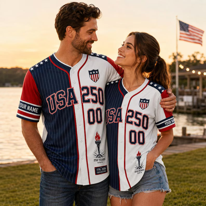 USA 250th Anniversary Baseball Jersey, Custom Couples 4th Of July Shirt, Patriotic Gift for Men. BJPETAL08
