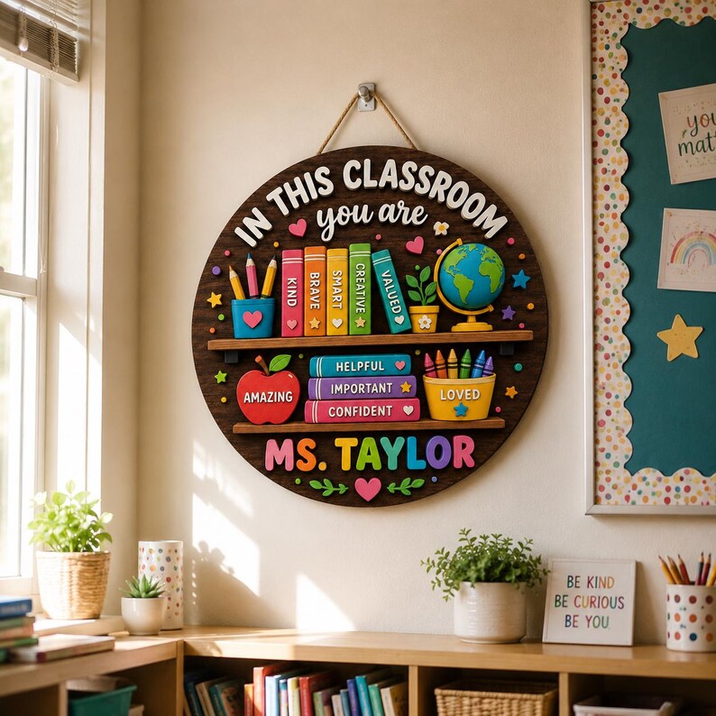 Custom Teacher 3D Door Welcome Hanger | Personalized Wooden Classroom Name Sign | Back to School Gift for Teacher | Desk Name Plate. DHPETAL04