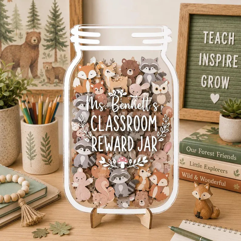Personalized Woodland Animal Reward Jar, Wooden Forest Theme Classroom Incentive, Custom Nature Token Board for Kids, Back to School Gift. RJPETAL03