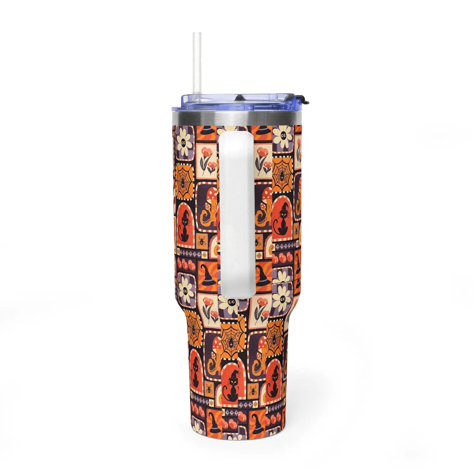 Retro Halloween Patchwork 40oz Tumbler with Handle, Vintage Spooky Ghost Pumpkin Quencher, Cozy Autumn Cat Travel Mug, 40oz tumbler. TBLPETAL11