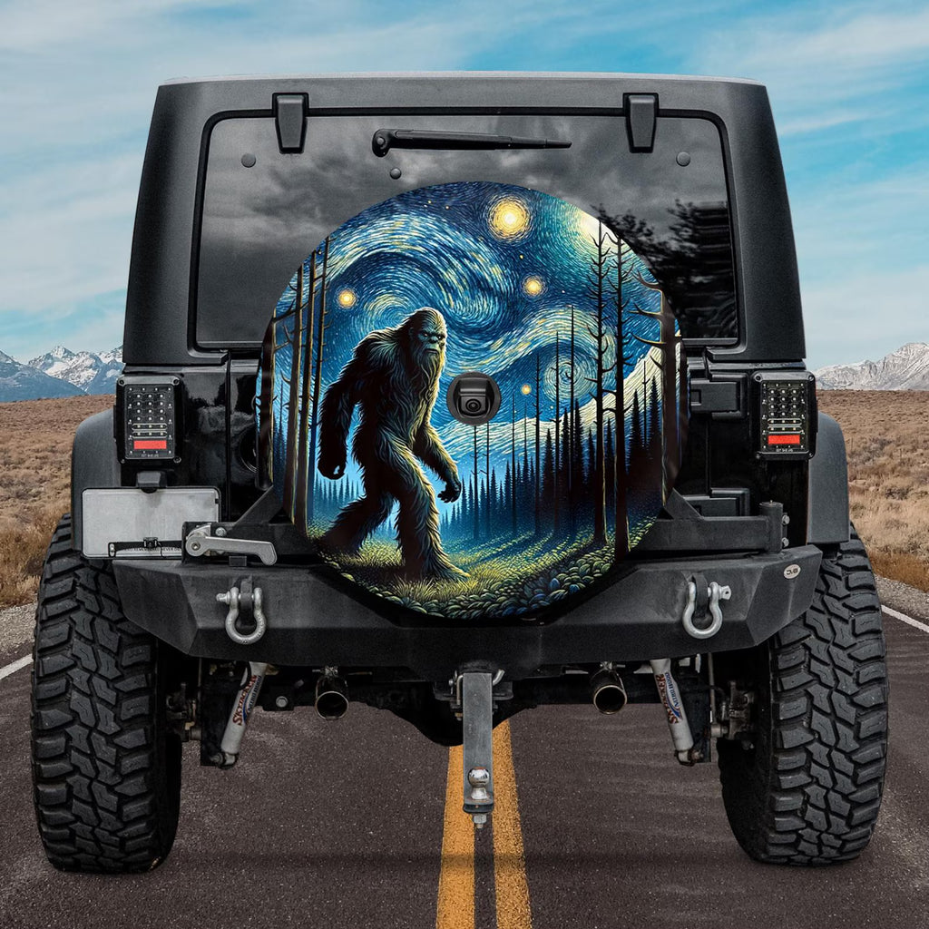 Bigfoot Starry Night Spare Tire Cover, Sasquatch Forest Jeep Tire Cover, PVC Leather Tire Cover, Outdoor Adventure Vehicle Accessory. TCPETAL18