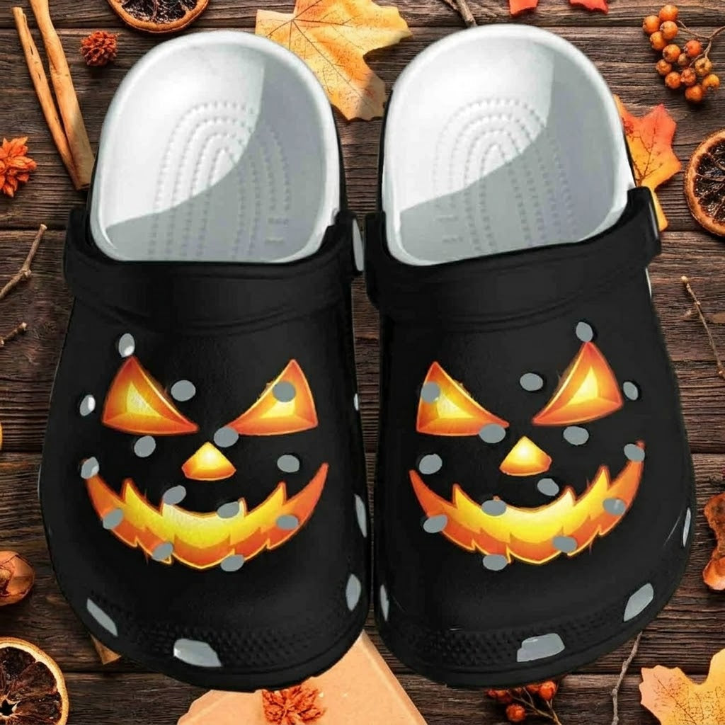 Halloween Jack-O’-Lantern Clogs – Black Pumpkin Face Slip-On Shoes with Glowing Spooky Design for Fall Halloween Gifts. CLPETAL18