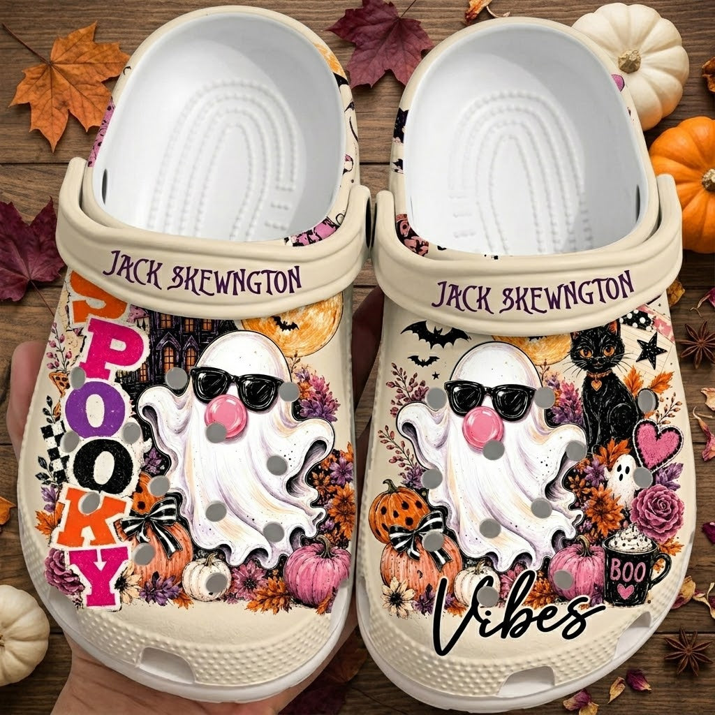Personalized Halloween Ghost Clogs – Spooky Cute Boo Vibes Fall Shoes. Happy Halloween Ghost Pumpkin. CLPETAL04