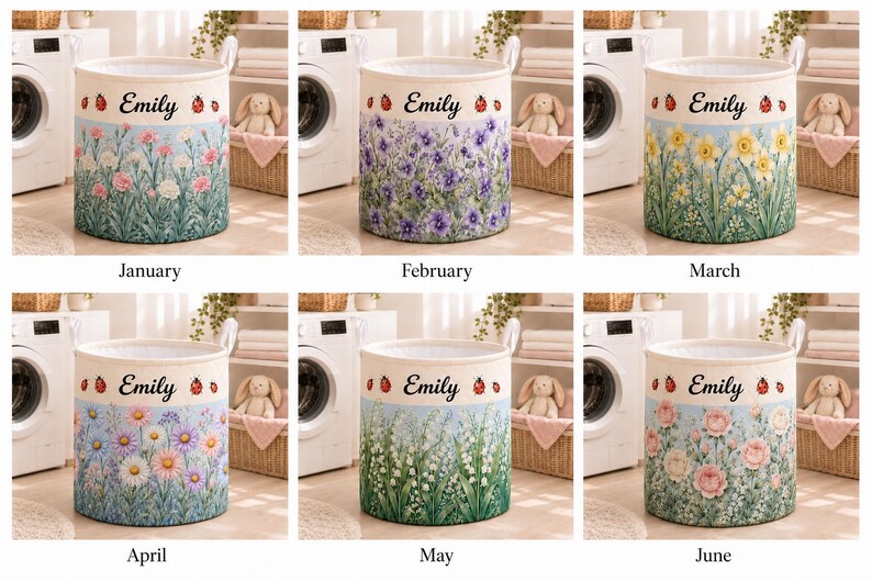 Personalized Birth Month Flower Quilted Laundry Basket, Custom Birth Flower Name Storage Basket, Bookworm Gift For Her LBPETAL151