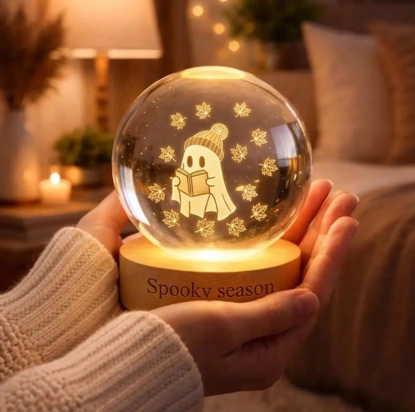Spooky Season Ghost Lamp, 3D Engraved Bookish Ghost Crystal Sphere, Cozy Fall Room Decor, Halloween Bookworm Gift, Autumn Leaves Night Light. LEDPETAL19