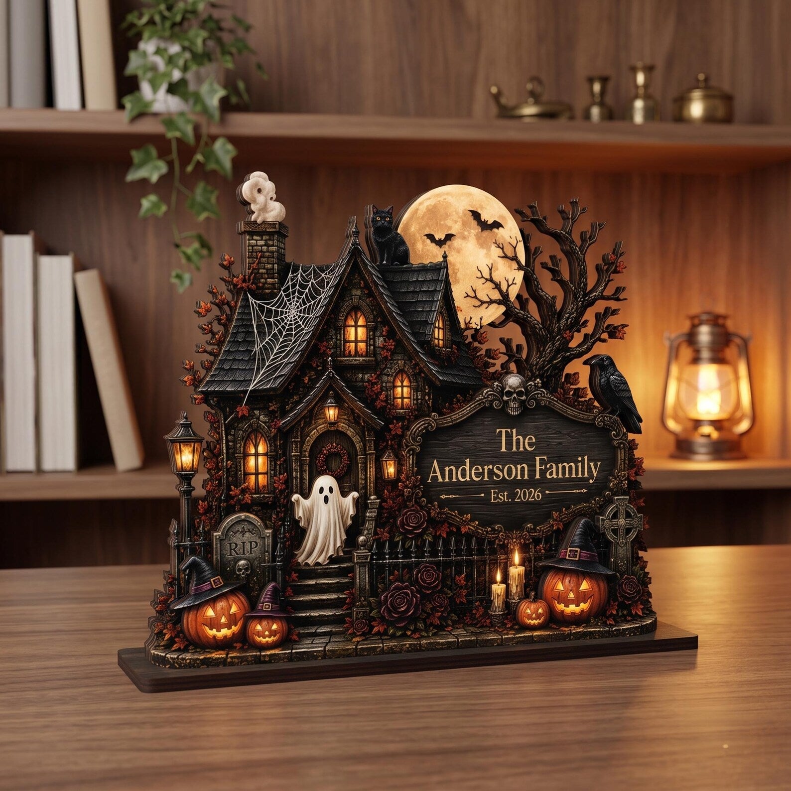 Personalized Haunted House Wooden Block, Custom Family Name Halloween Decor, Spooky House Tabletop Sign. WBPETAL9
