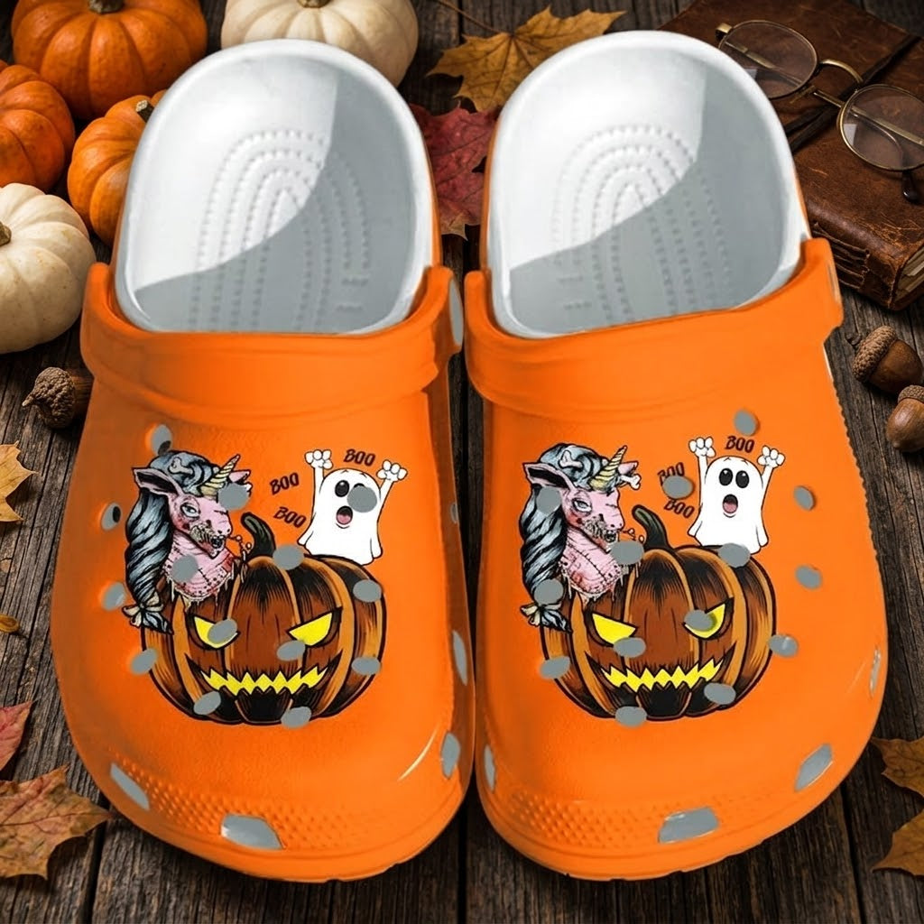 Halloween Unicorn Pumpkin Clogs – Orange Spooky Slip-On Shoes with Cute Ghost, Jack-O’-Lantern & Boo Design for Fall Halloween Gifts. CLPETAL19