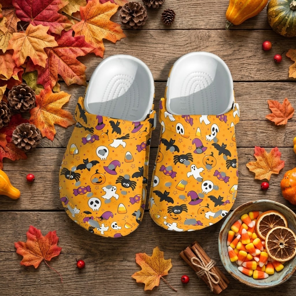 Halloween Pattern Clogs – Cute Spooky Fall Shoes for Kids & Adults. Happy Halloween Ghost Pumpkin. CLPETAL07