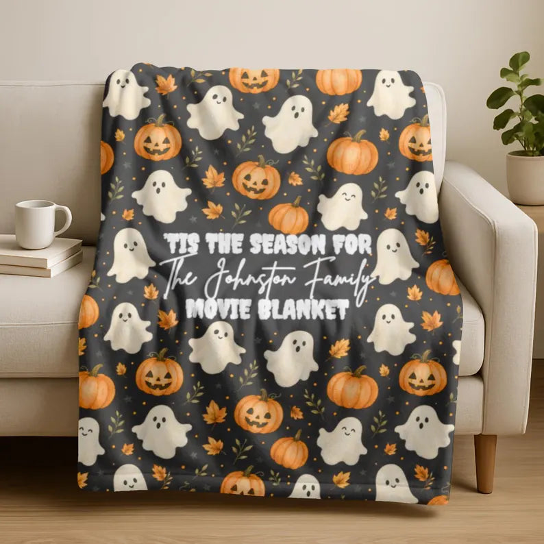 Custom Halloween Family Movie Night Blanket, Personalized Cozy Fall Couch Throw, Homewarming Gift, Ghost Pumpkin Blanket. BLKPETAL4