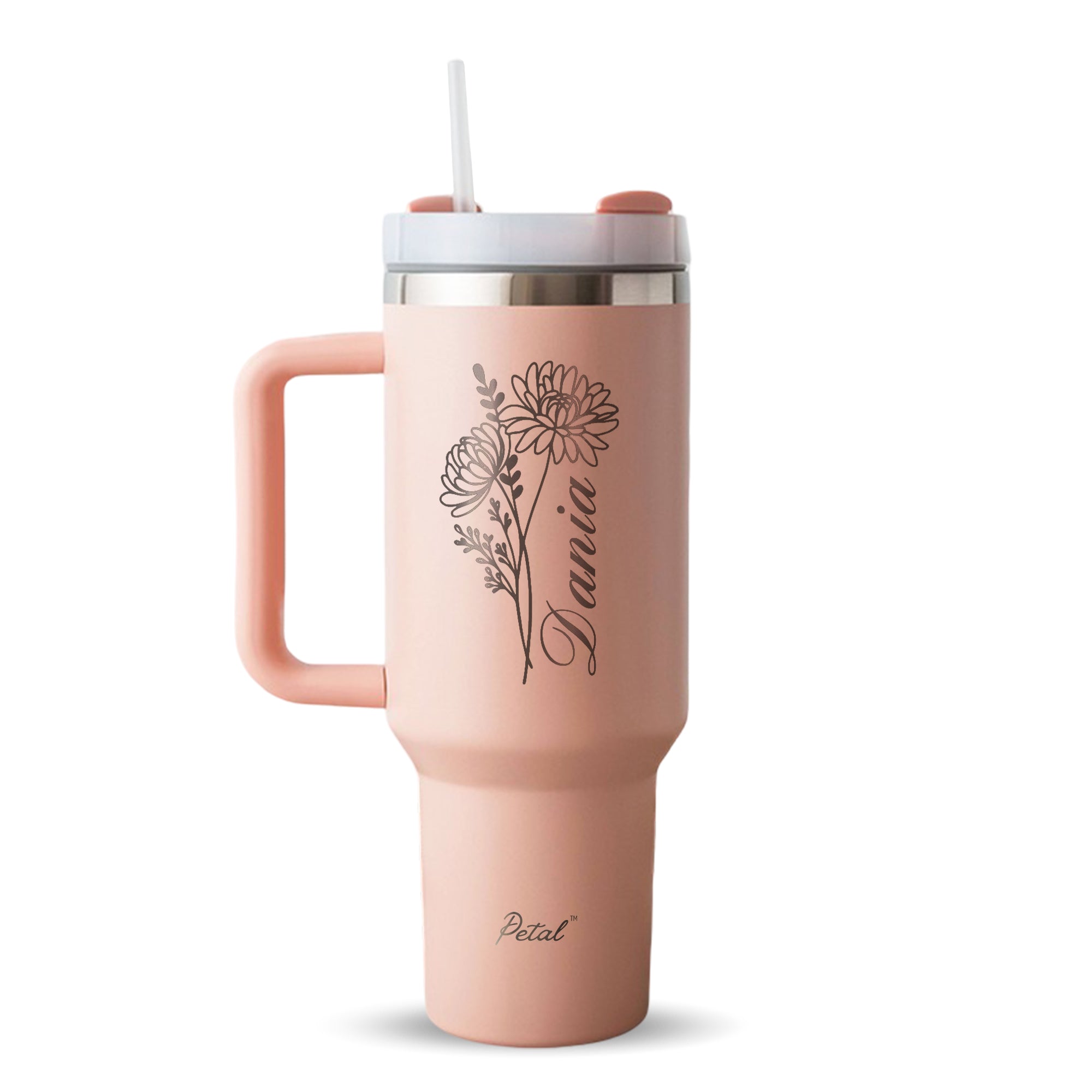 Personalized Birth Flowers 40oz Tumbler With Name, Stainless Steel Tumblers With Straw Handle, Custom Birth Month Flowers Cup, Birthday Gift