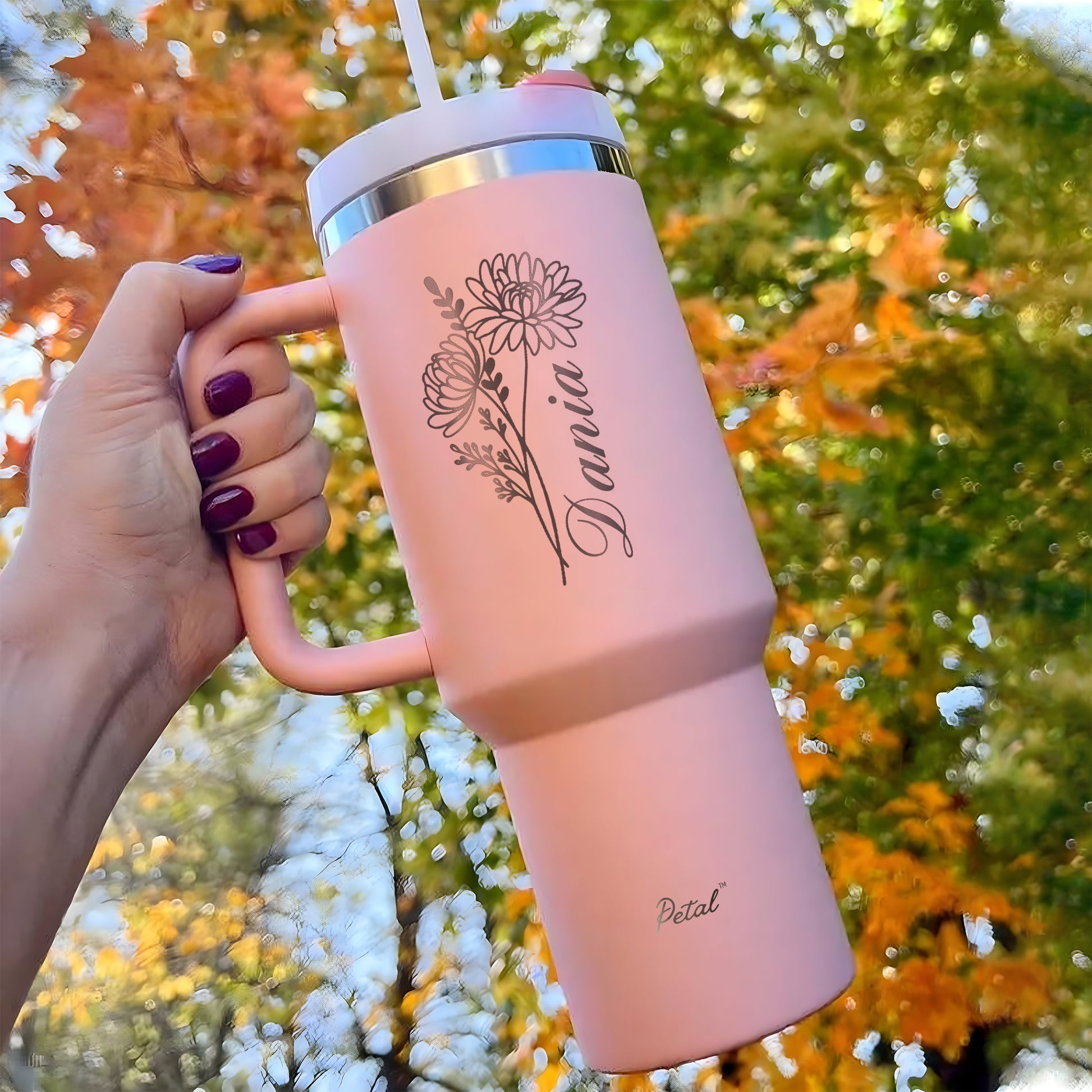 Personalized Birth Flowers 40oz Tumbler With Name, Stainless Steel Tumblers With Straw Handle, Custom Birth Month Flowers Cup, Birthday Gift