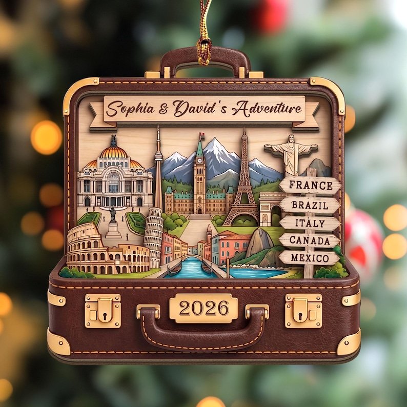 Personalized Travel Adventure 2 Layer Wooden Ornament, Destination Keepsake Gift, Traveler Gift, Couples Adventure Gift, Suitcase Ornament WOODOR02