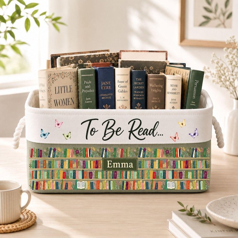 Personalized Book Storage Basket,  Sage Green Fabric Organizer with Woodland Animals and Rope Handles BBPETAL11