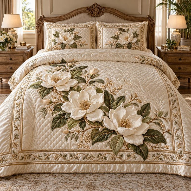 White Magnolia Floral Quilted Bedding Set, Floral Holiday Bedspread with Pillowcases, Festive Winter Bedroom Decor, Bedding Decor PTBED02