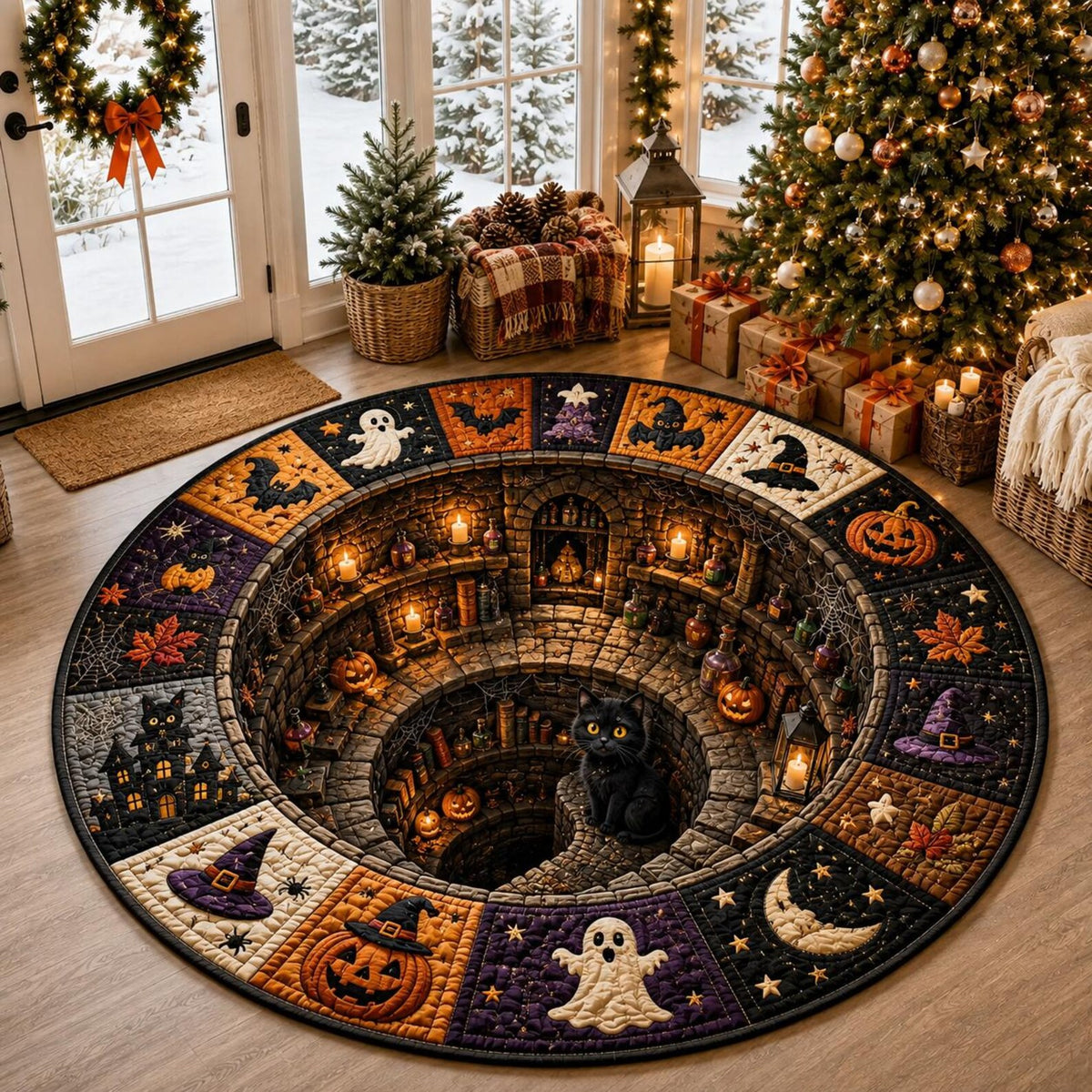 Halloween Round Quilted Rug, 3D Witch Dungeon Illusion Rug, Black Cat Halloween Rug, Spooky Witchy Floor Mat, Halloween Home Decor. QRPETAL27
