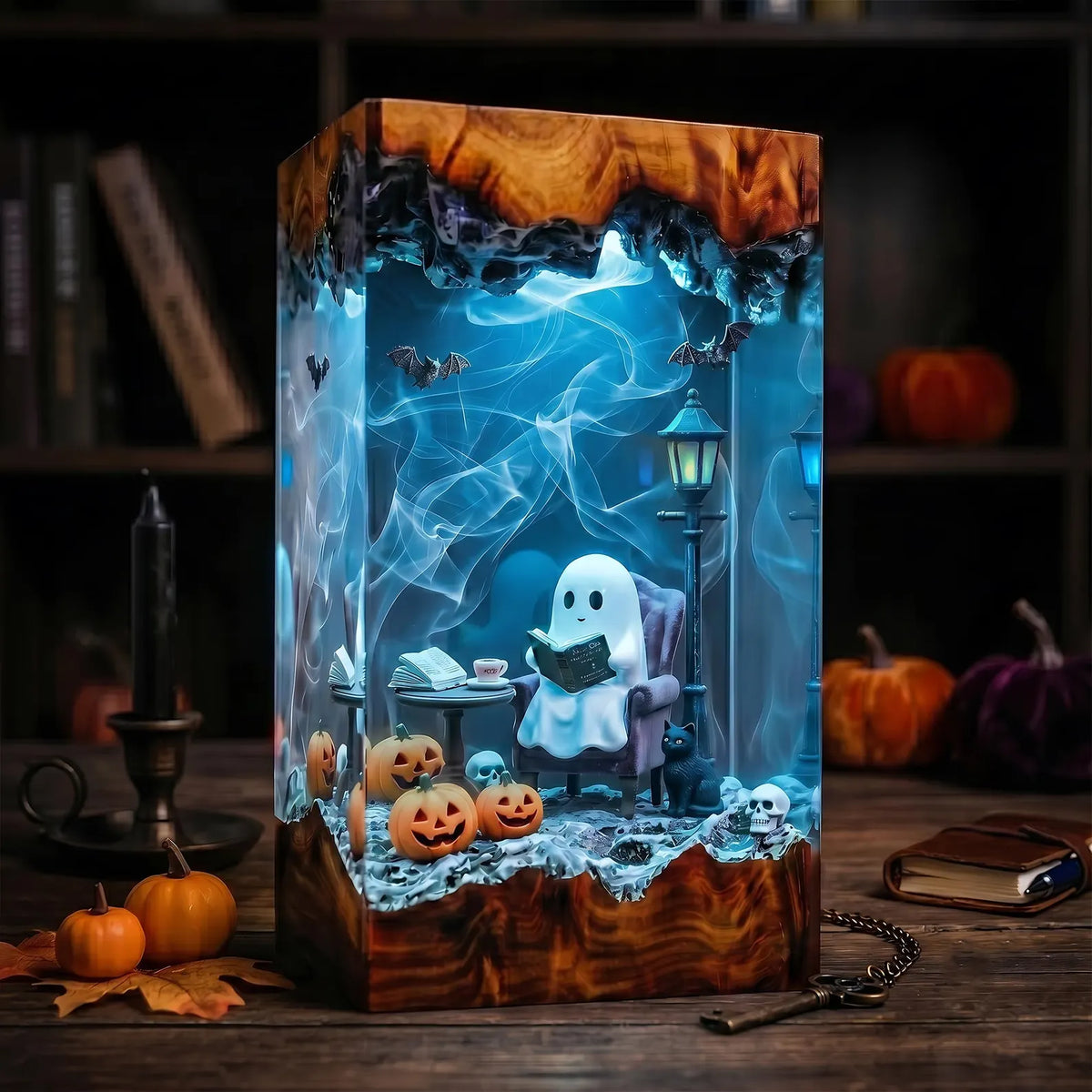 Halloween Reading Ghost Resin Lamp, Black Cat and Pumpkin Night Light, Cozy Retro Decor, Unique Gift for Book Lovers. RLPETAL15