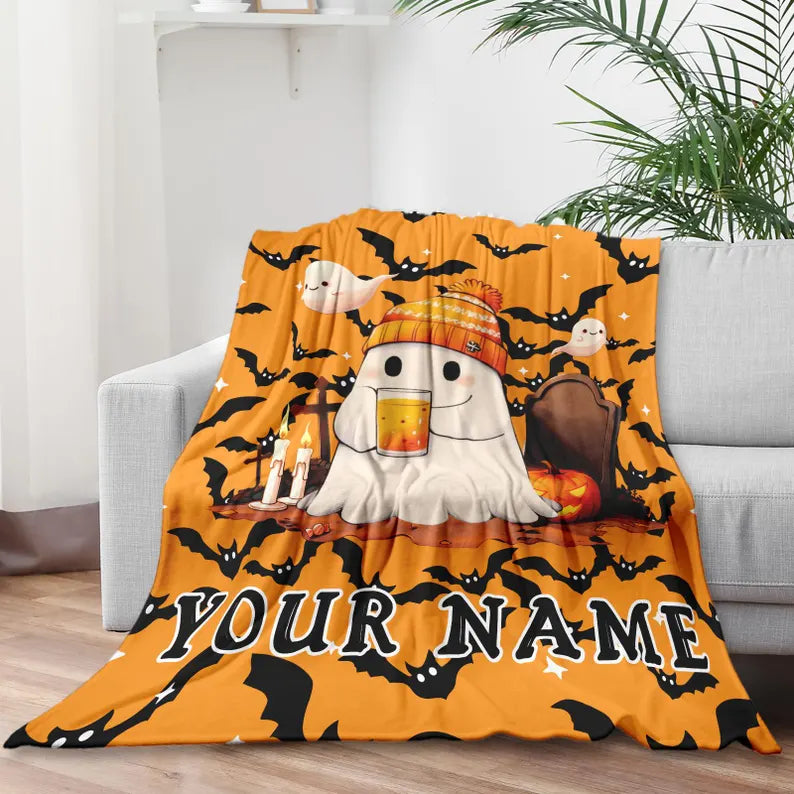 Custom Cute Ghost Halloween Blanket, Personalized Name Spooky Throw Blanket for Women Men, Halloween Boo Gift for Him Her Kids Boys Girls. BLKPETAL1