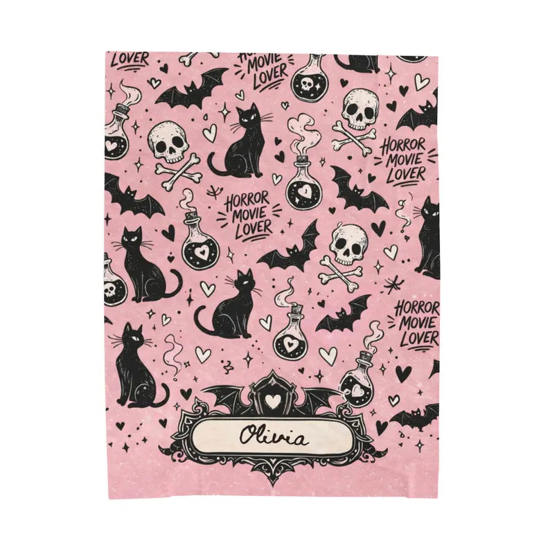Personalized Spooky Blanket, Horror Lover Gift, Custom Name Goth Throw, Pink Horror Decor Halloween Blanket. BLKPETAL10