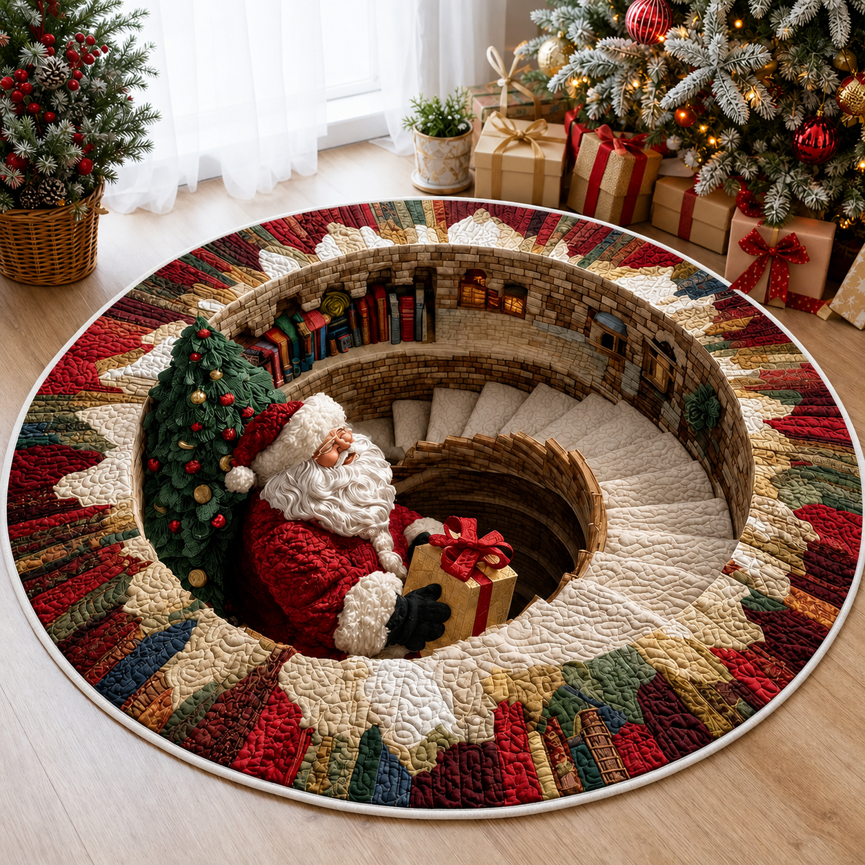 Santa Spiral Staircase 3D Round Rug, Christmas Vortex Optical Illusion Floor Mat, Non Slip Xmas Home Decor, Christmas Gift for Family. QRPETAL04