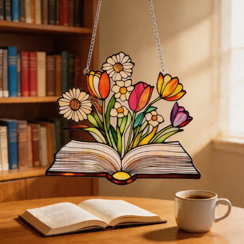 Stained Glass Book Suncatcher, Floral Book Lover Gift, Reading Nook Decor, Window Hanging Glass Art, Teacher Gift, Library Decor. SUNPETAL12